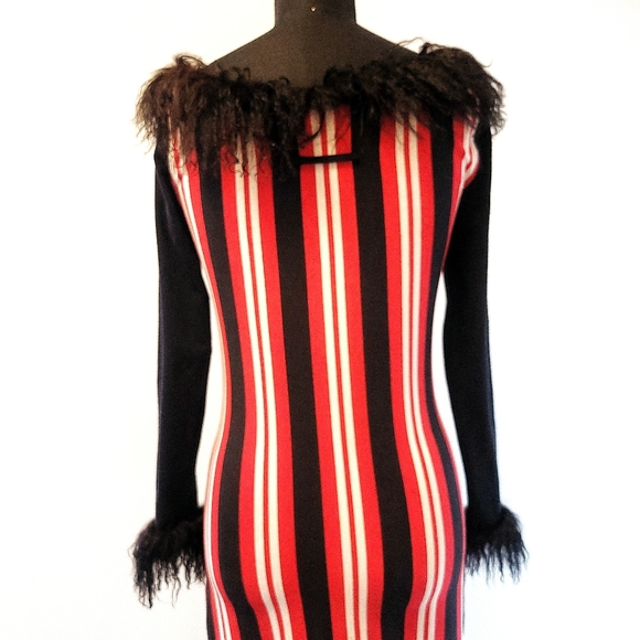 RARE Vintage Jean Paul Gaultier Red Stripe Mangolian Fur Bow Midi Dress - Picture 9 of 13